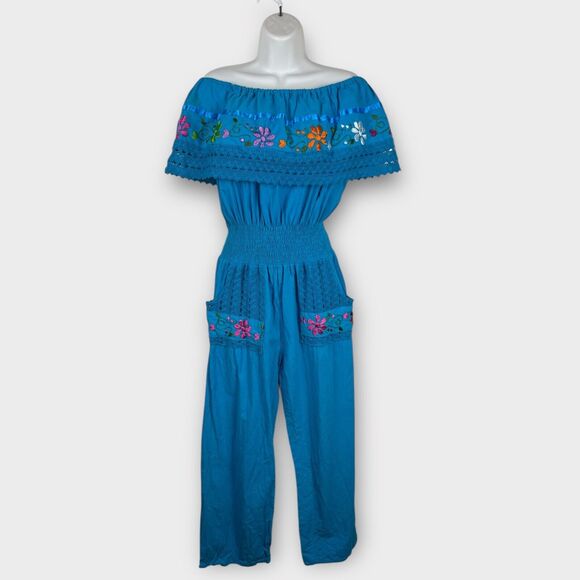Blue Cotton Off Shoulder Bold Embroidered Floral Boho Mexico Jumpsuit Small Sz 4 - Picture 1 of 8